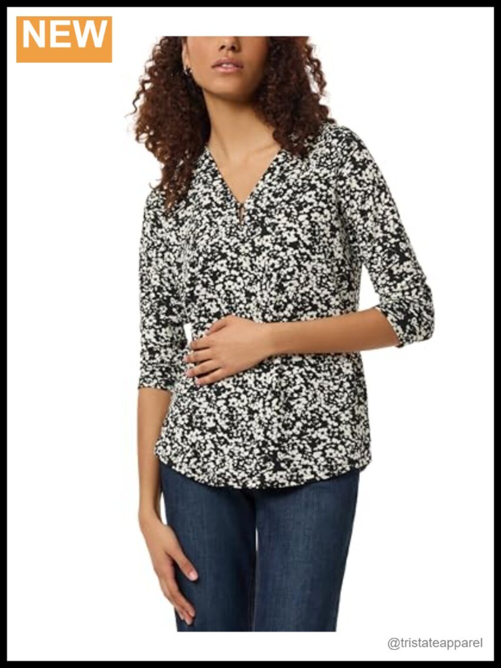 Jones New York 3/4 Sleeve Printed V-Neck Top